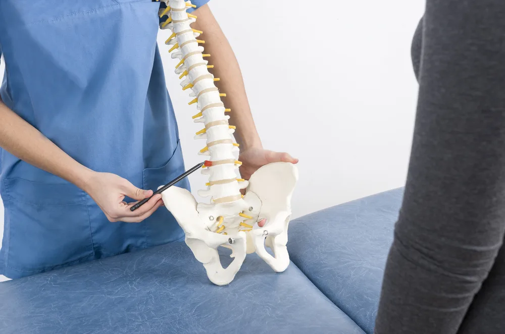 Clinician pointing at a model of the spine beside a patient