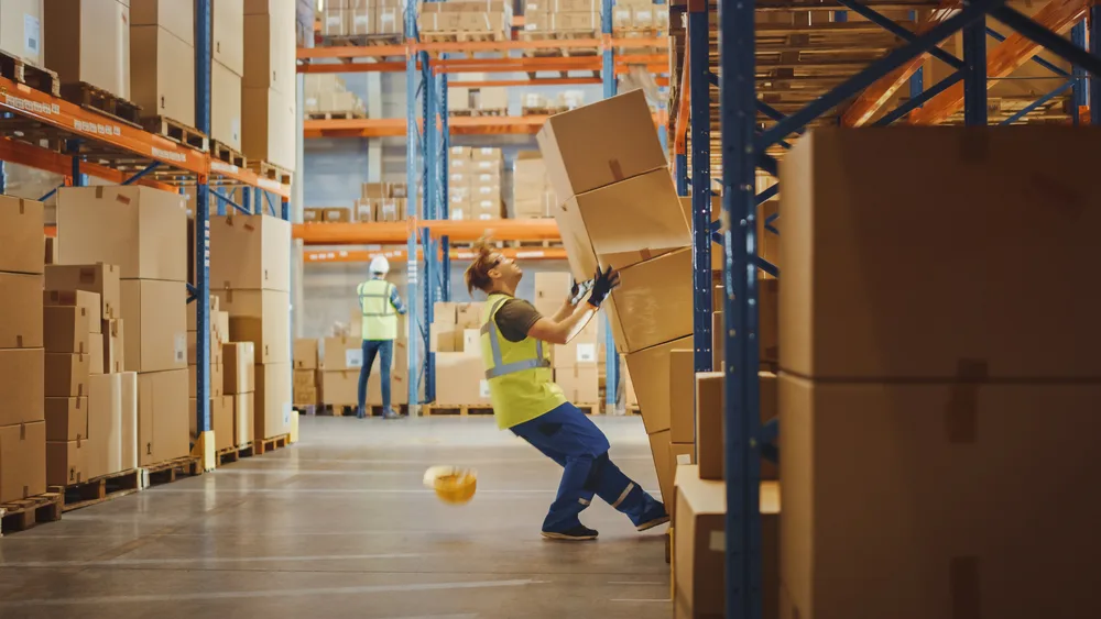 Warehouse worker falling from a ladder beside stacked boxes
