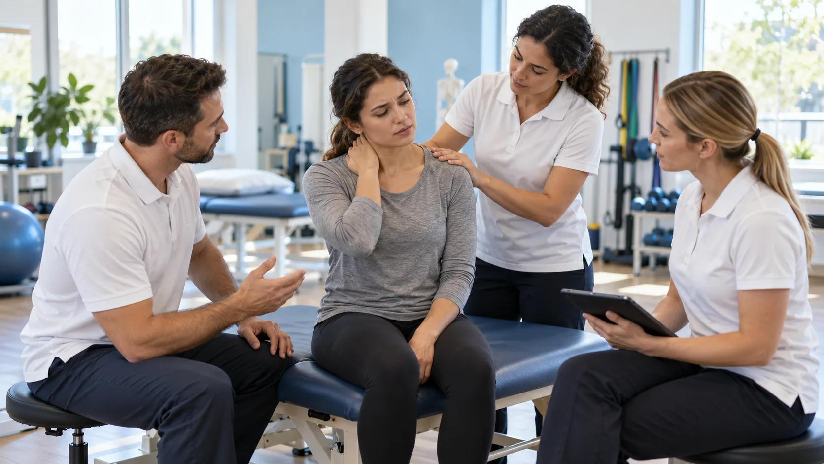 Three clinicians attend to a woman holding her sore neck on a treatment table in a physical therapy gym