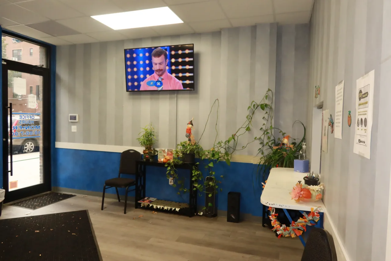 Waiting area with a wall-mounted screen, potted plants and seating by the entrance