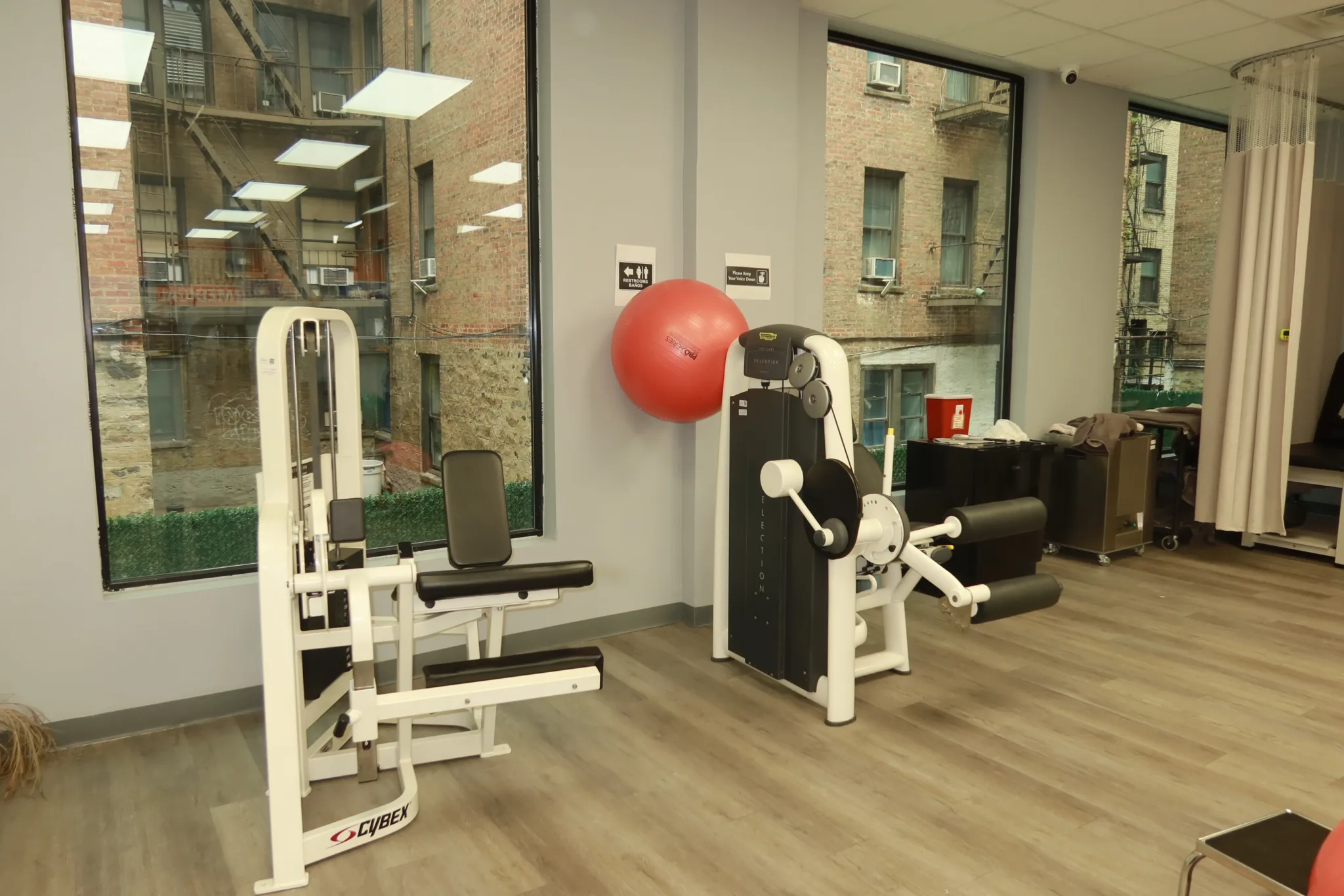 Resistance machines beside the tall street-facing windows of the exercise floor