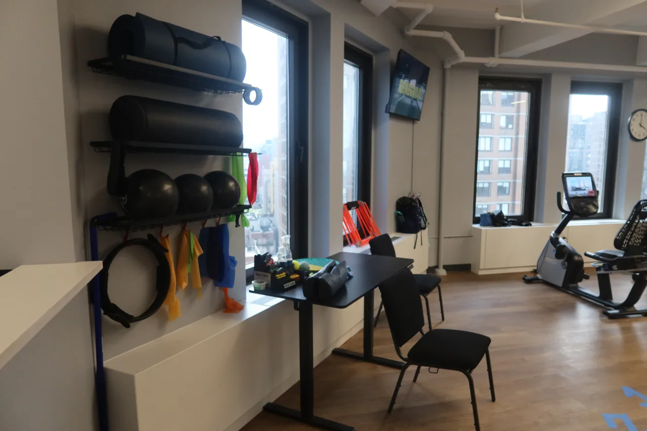 Wall rack of medicine balls, foam rollers and resistance bands beside a work table at the window