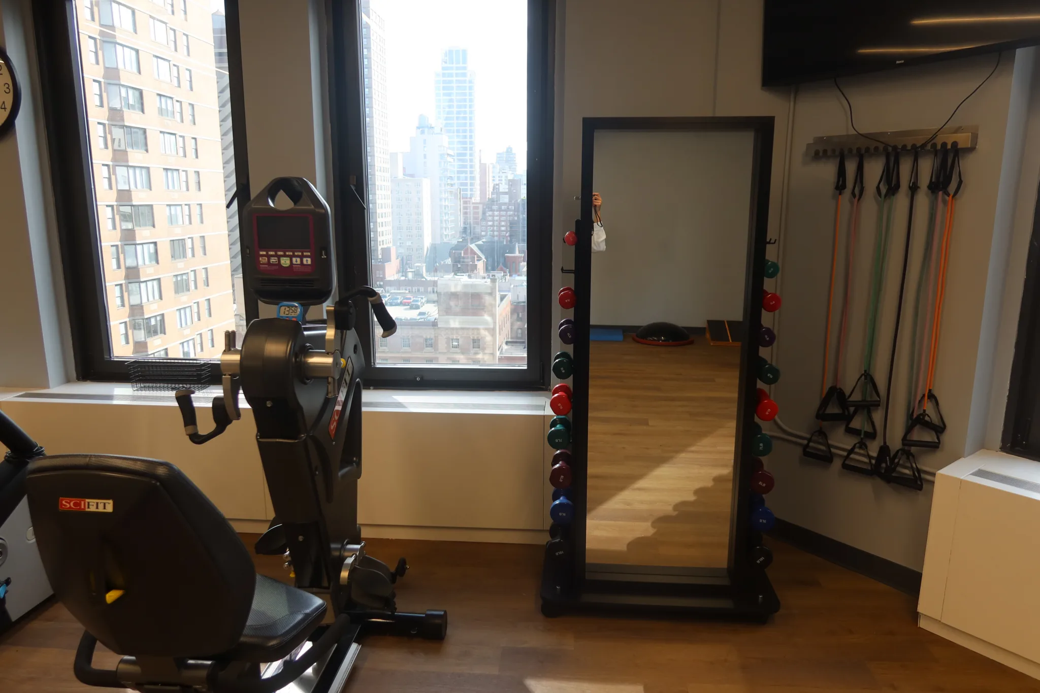 Recumbent bike and full-length mirror by the window, with resistance bands on the wall rack