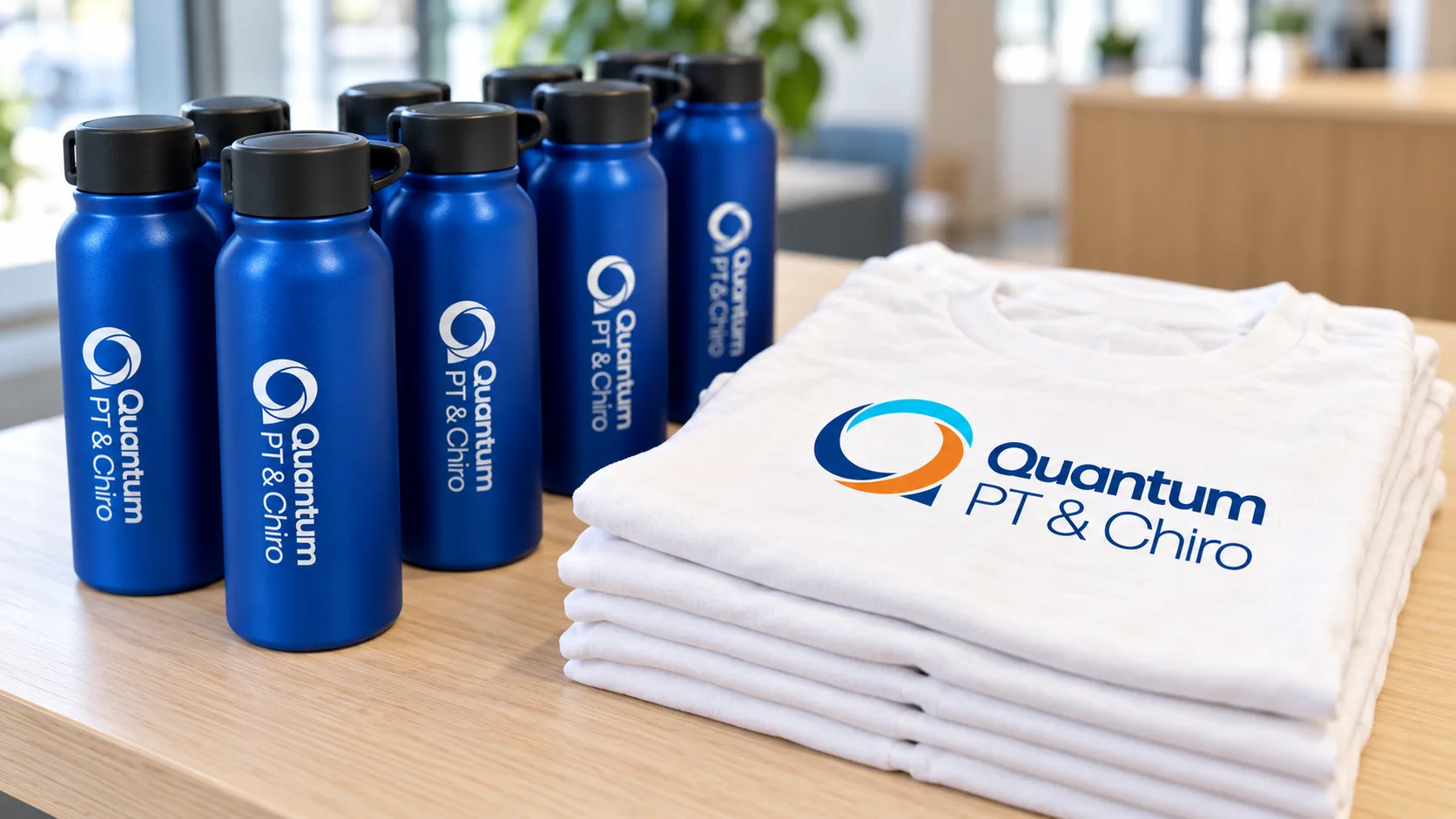 Branded water bottles and t-shirts for new team members