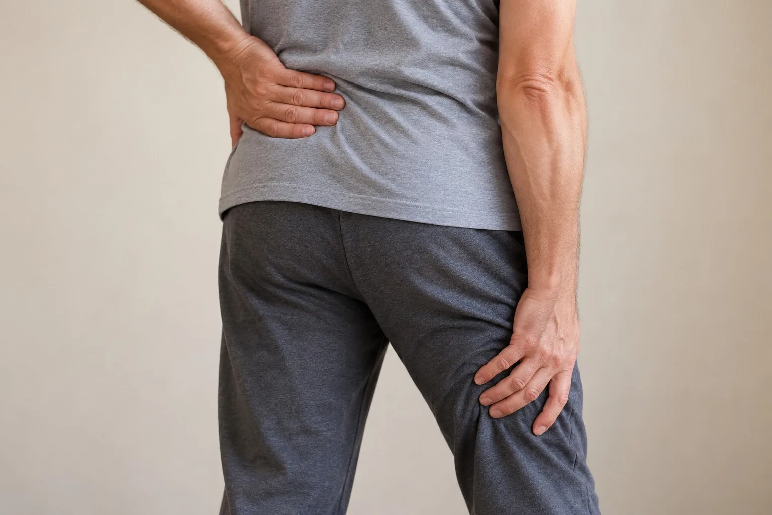 A man presses one hand to his lower back and the other to the back of his thigh.