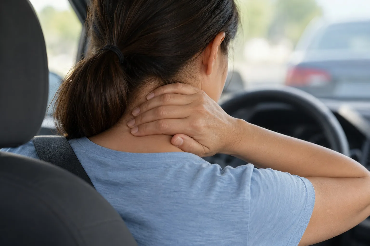 A woman in a car's driver seat holds the back of her neck.