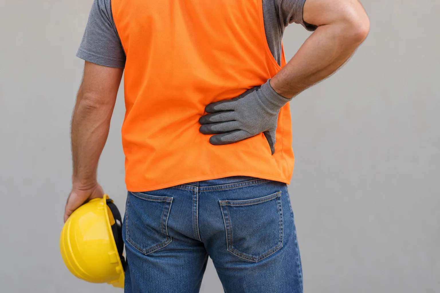 A worker in a high-visibility vest presses his lower back, holding a hard hat.